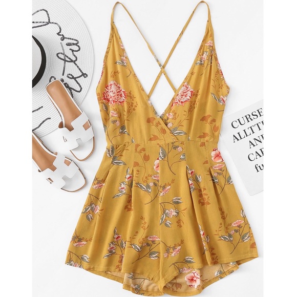 Pants - Yellow Floral Romper Criss-Cross Straps w/ Zipper
